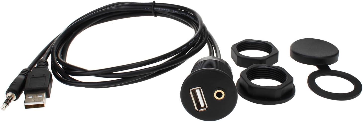 LDKCOK 3.5mm + USB2.0 AUX Car Cable USB Mount Cable –USB Extension Flush, Dash, Panel Mount Cable, for Car, Boat, Motorcycle and More 3.3FT/1M