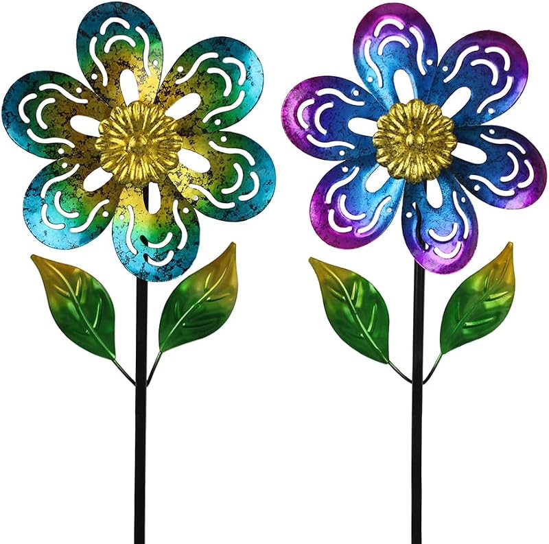 2 Pack Wind Spinners,Flower Garden Sculpture | Metal Windmill, Green and Purple Pinwheels for Yard Lawn Patio Decor