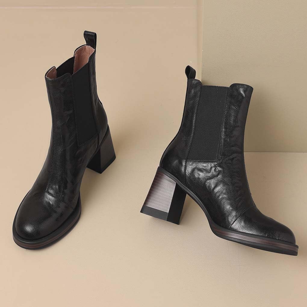 Stiefeletten Damen Leder Chelsea Boots Elegant Kurzschaft Ankle Stiefel Absatz Blockabsatz High Heels