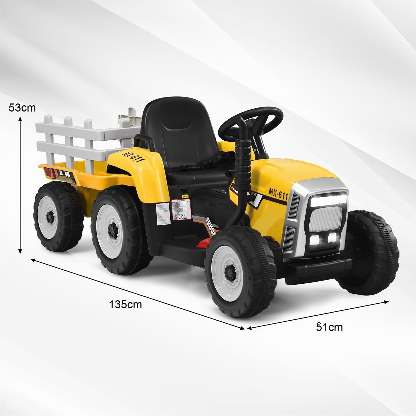 RELAX4LIFE Trattore Elettrico per Bambini 12V con Rimorchio Rimovibile, Telecomandato, 3 Velocità, Luce, Suoni, Musica, Clacson, USB,Portata 30 KG, 3 Anni+ (GIALLO)