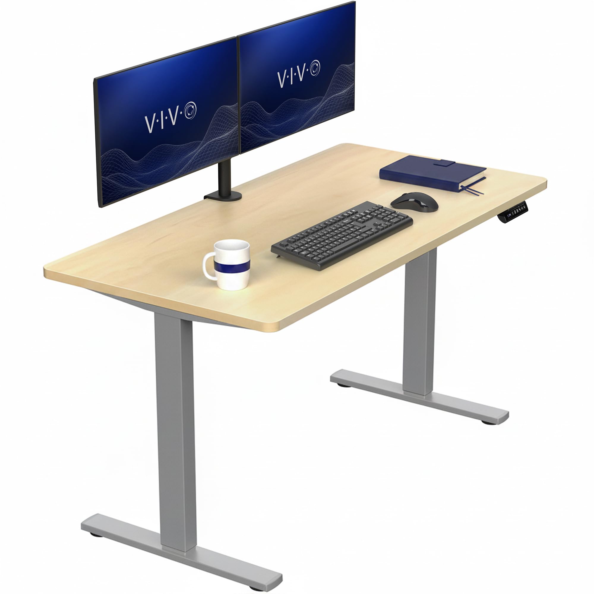 VIVO Light Wood 55 x 28 in Standing Desk, DESK-KIT-1G55C | Electric, Holds 220 lbs, Sit Stand, Height Adjustable, Solid One-Piece Table Top, Memory Presets, 1B Series, Gray Frame