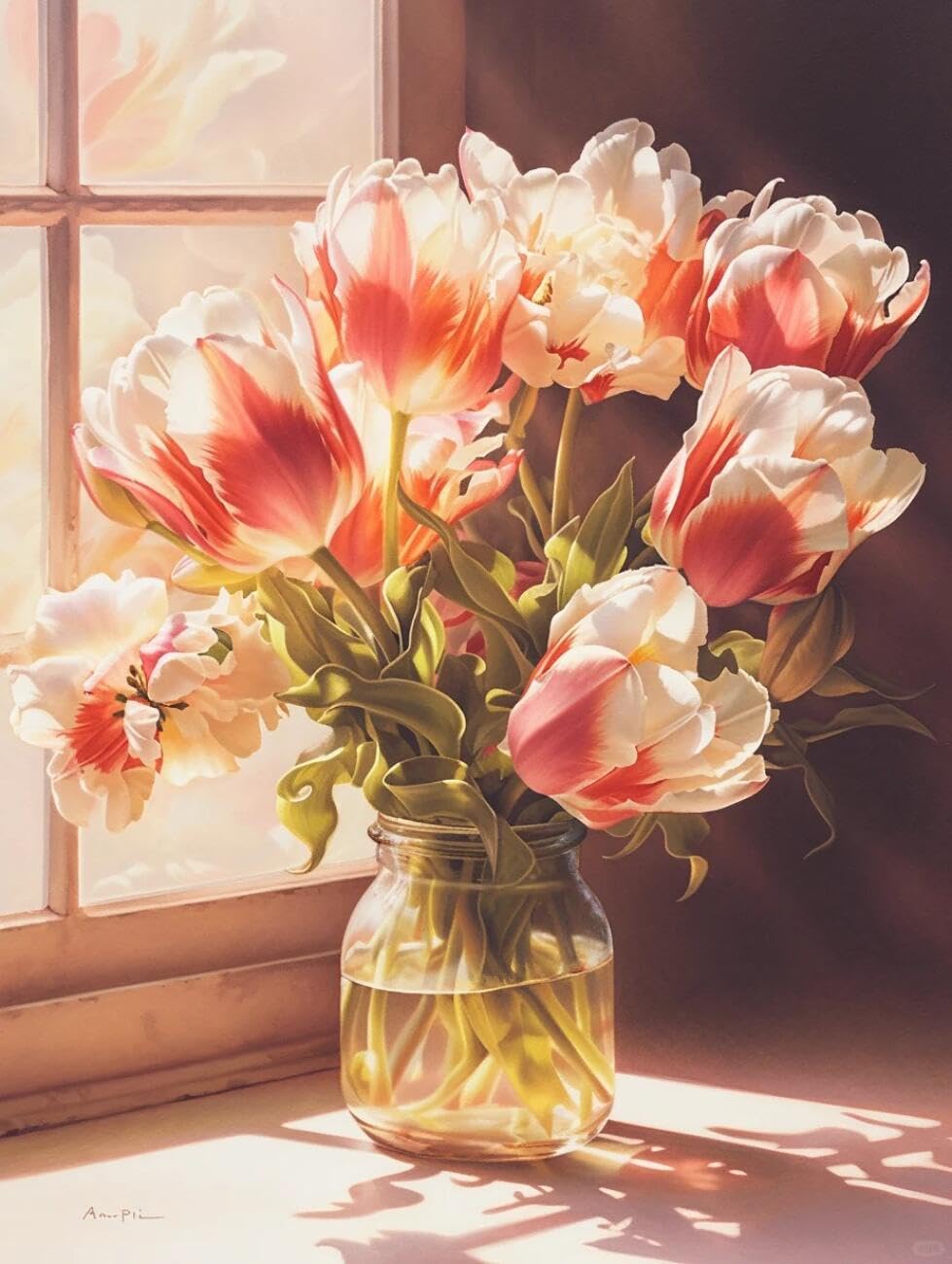 RKFLGEW Flowers 14CT Pre Printed Cross Stitch Kits Tulips By The Window DIY Cross Stitch Patterns Kits Crafts Needlework Embroidery Set for Home Decor 40x50cm