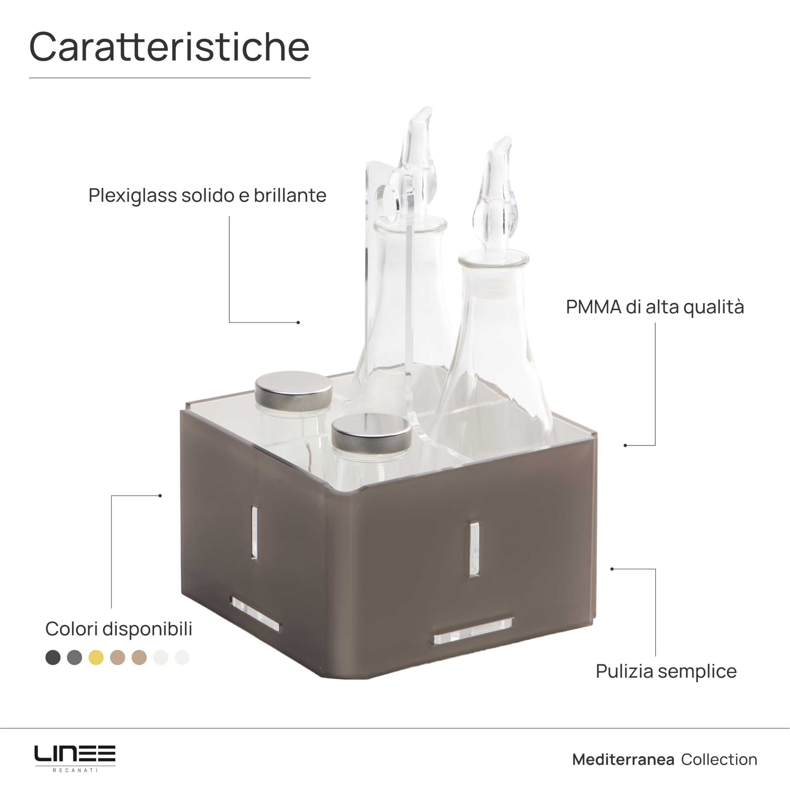 LINEE Recanati Menage Menage Menage Gewürzdosen-Set für Öl, Essig, Salz und Pfeffer, aus PMMA und Glas, 17 x 17 x 23 cm, dekoratives Design für den Tisch, hergestellt in Italien (Transparent/Weiß)
