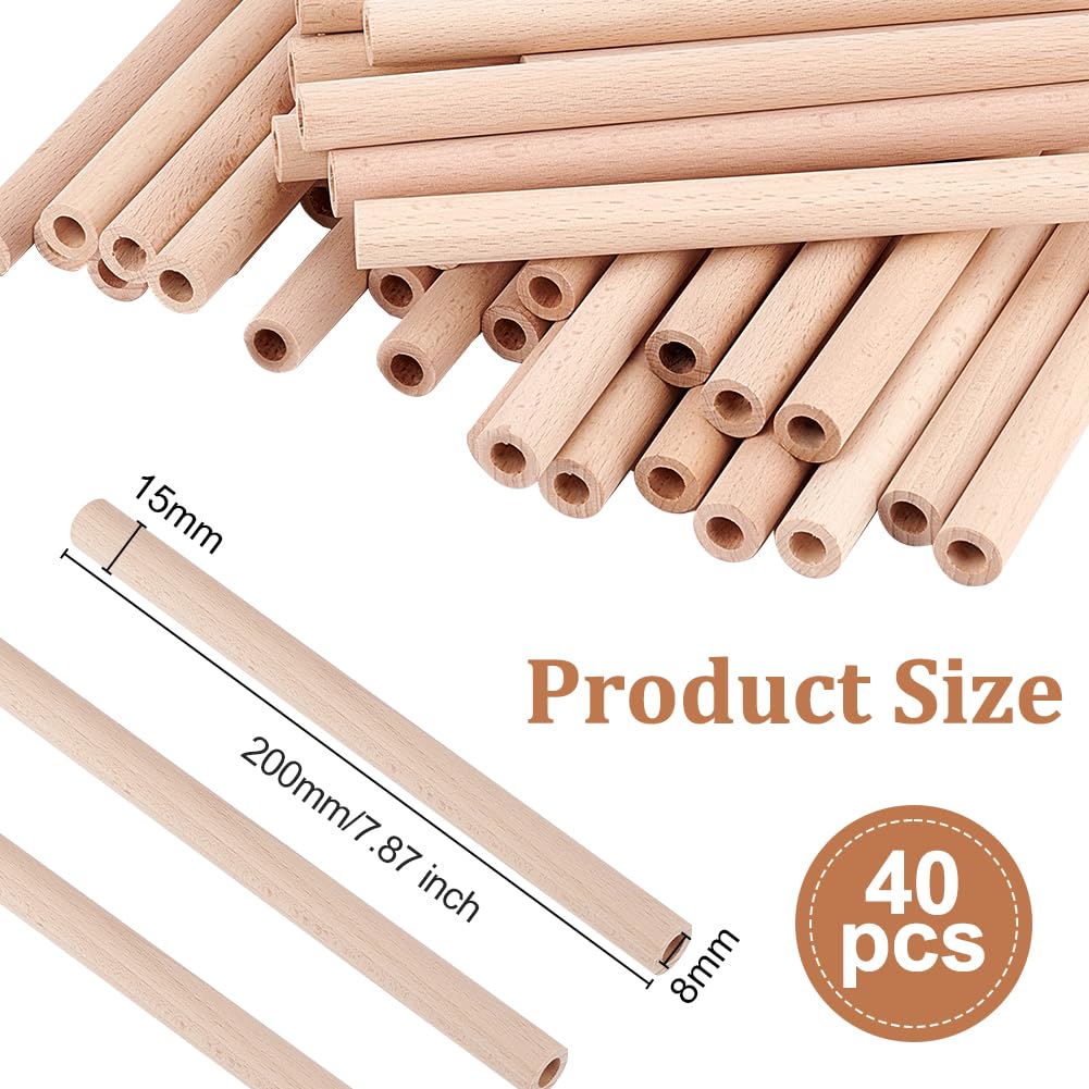 OLYCRAFT 40 bastoncini di legno cavi rotondi da 200 x 15 mm, con foro da 8 mm, aste rotonde in legno di faggio non finito, per progetti artistici fai da te