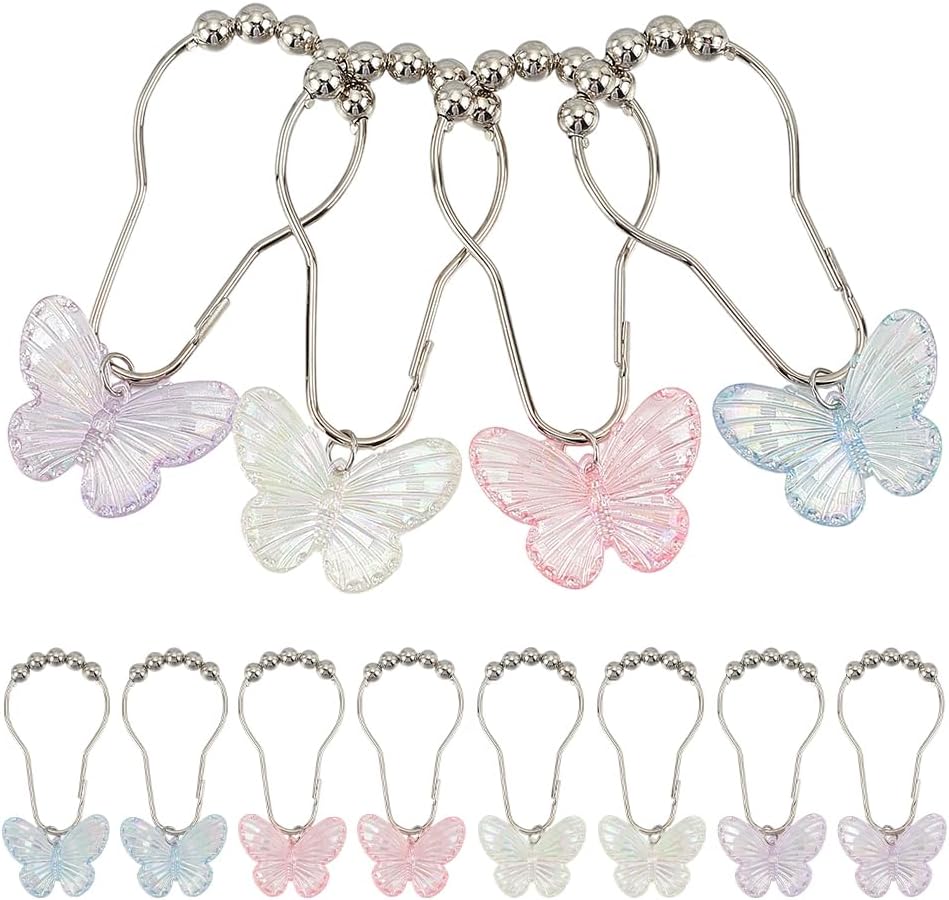 12Pcs Butterfly Shower Curtain Hooks 4 Colors Decorative Shower Curtain Rings Rust Proof Colorful Acrylic Pendants Accessories Purple Pink Blue Yellow for Bathroom Home Decoration