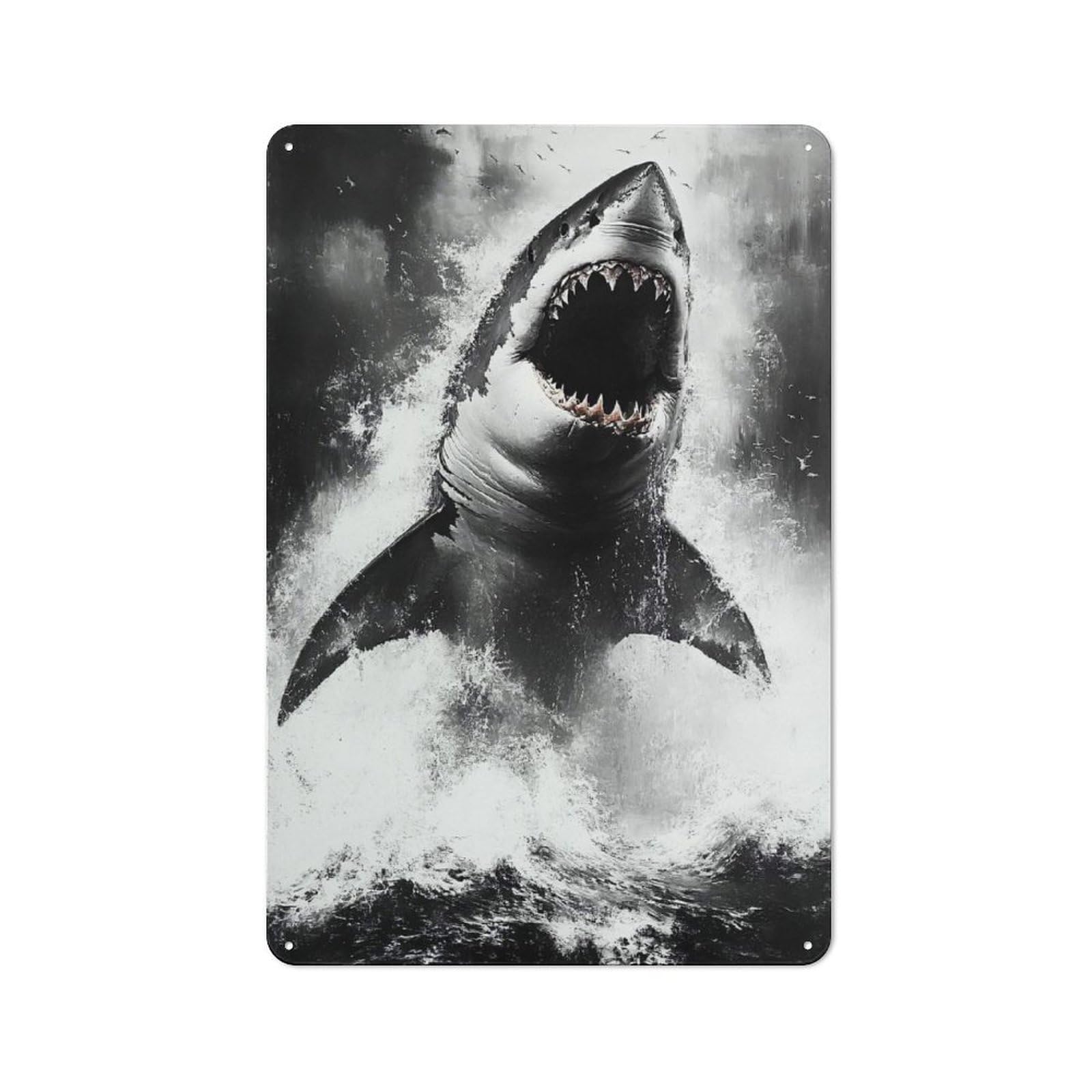 Junmoney Style-3 Metal Plaque With Great White Shark Breaching The Ocean Design 30X20cm, Retro Kitchen Wall Decor For Bakery, Diner, Cafe Or Family Room