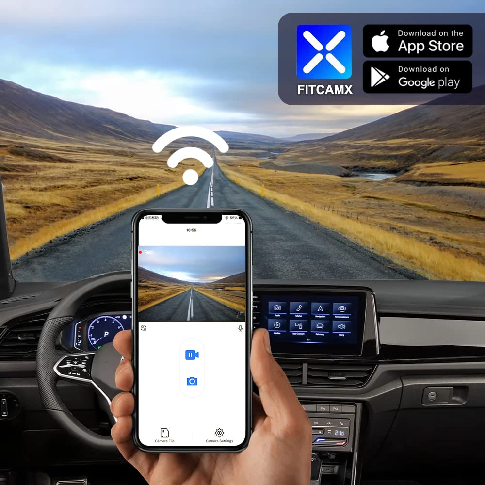 Fitcamx Dash Cam compatibile con VW T-Roc 2017-2025, UHD Dashcam 4K 2160P Video WiFi, Accessori Volkswagen OEM, Modalità parcheggio, Registrazione loop, Sensore G, Visione notturna, Plug Play, 64 GB