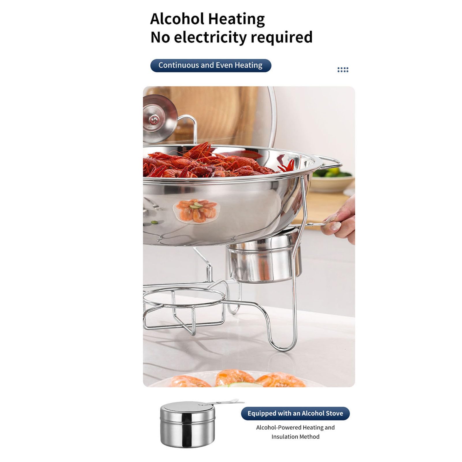 Pssopp Juego de Platos de Chafing Buffet, Calentador de Alimentos Redondos de Acero Inoxidable con Tapa de Vidrio y Contenedor de para Eventos de Catering y Entretenimiento en el (3.5L)