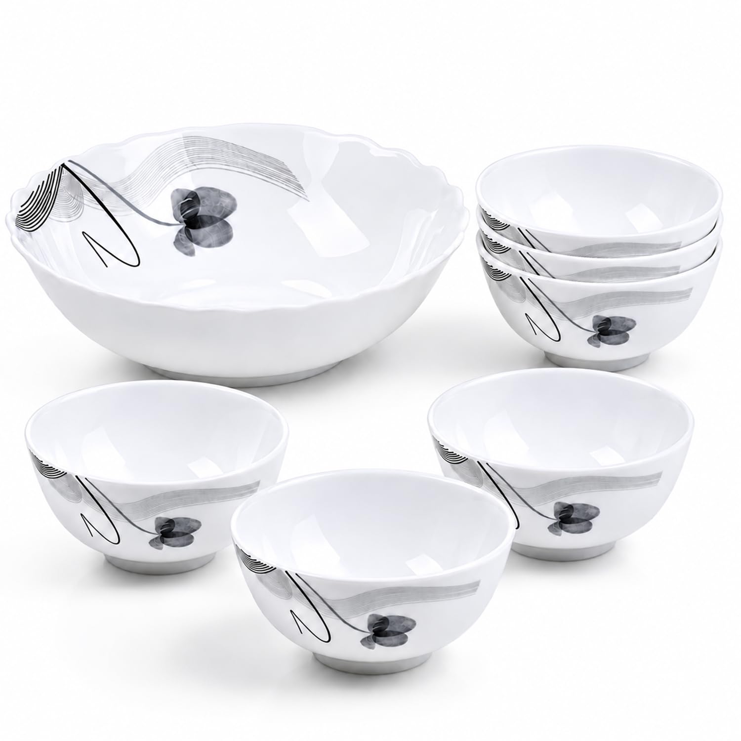 HOMSMYTH Luxury Porcelain Bowl Set of 7 – Marble Pattern Cereal Bowls, Soup Bowls, Rice Bowls & Dessert Bowls, Microwave Safe Dishwasher Safe for Kitchen & Dining Room (Black & White)