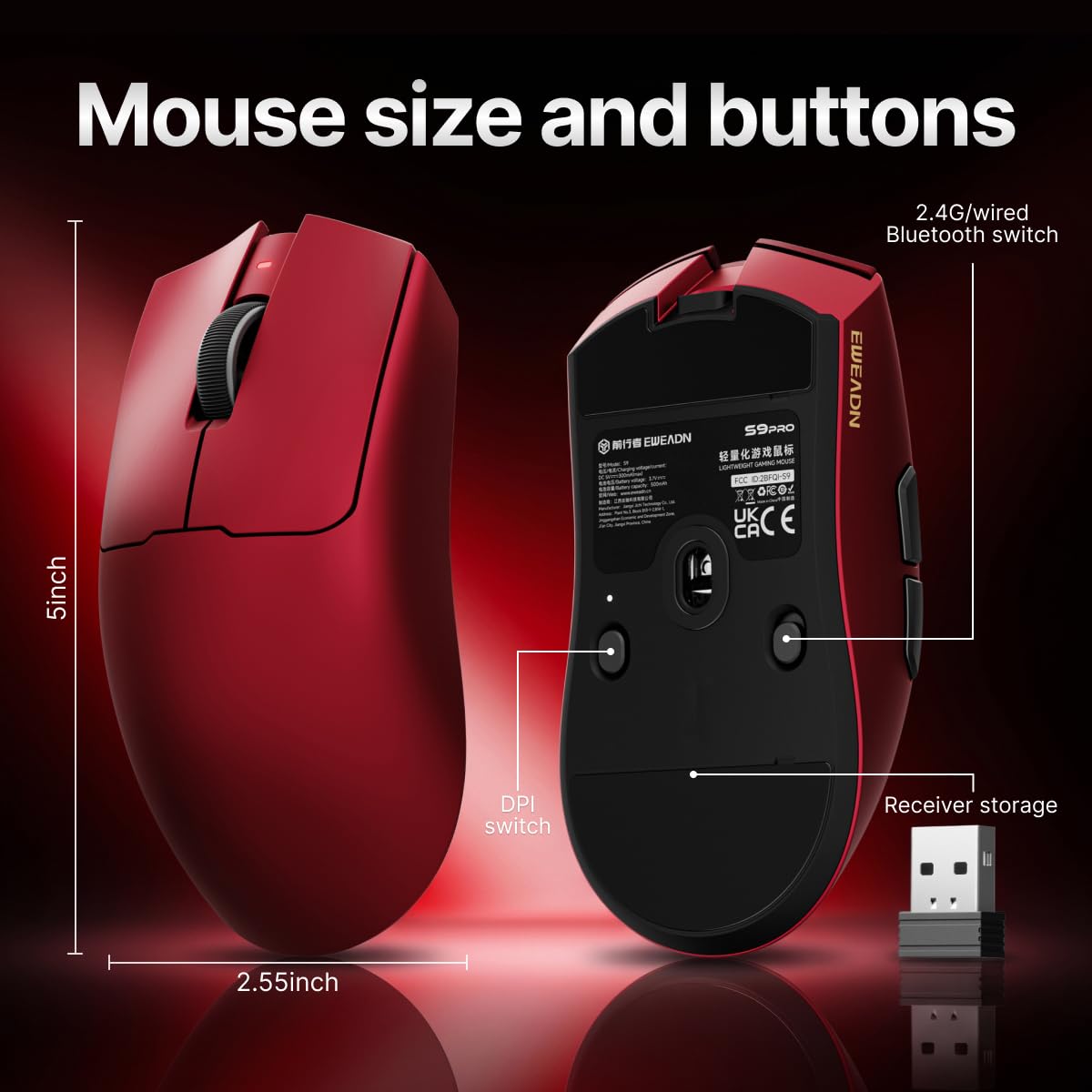 EWEADN S9 Pro - Ratón inalámbrico para juegos, mouse ergonómico de 59 g, 2.4 GHz/Bluetooth/USB-C, tasa de sondeo de 8K, 26000 DPI, sensor óptico PAW3395, batería de 250 horas, programable para PC/Win