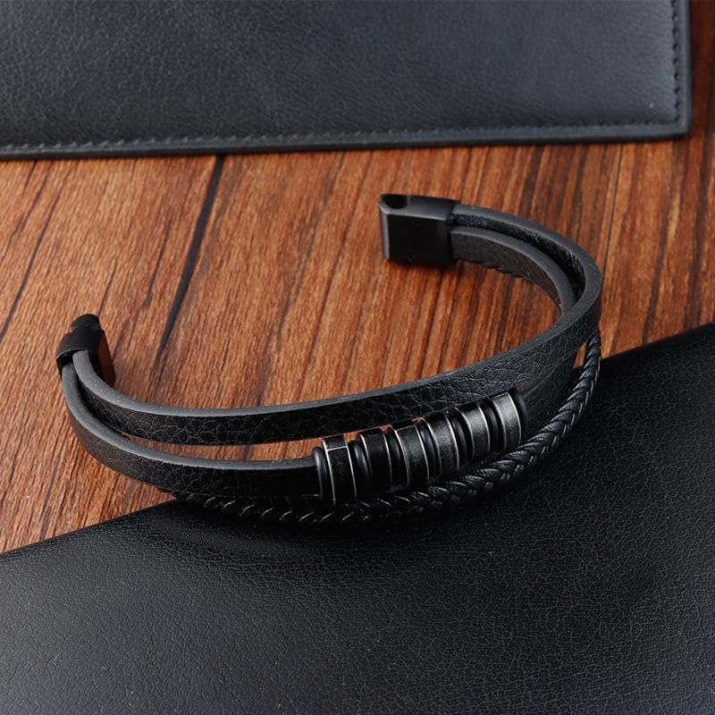 Image of THE MEN THING Leather Bracelet for Men - American Style Genuine Leather Multi-Layer Braided Bracelet with 100% Stainless Steel Magnetic Buckle for Men & Boys (8 inch)