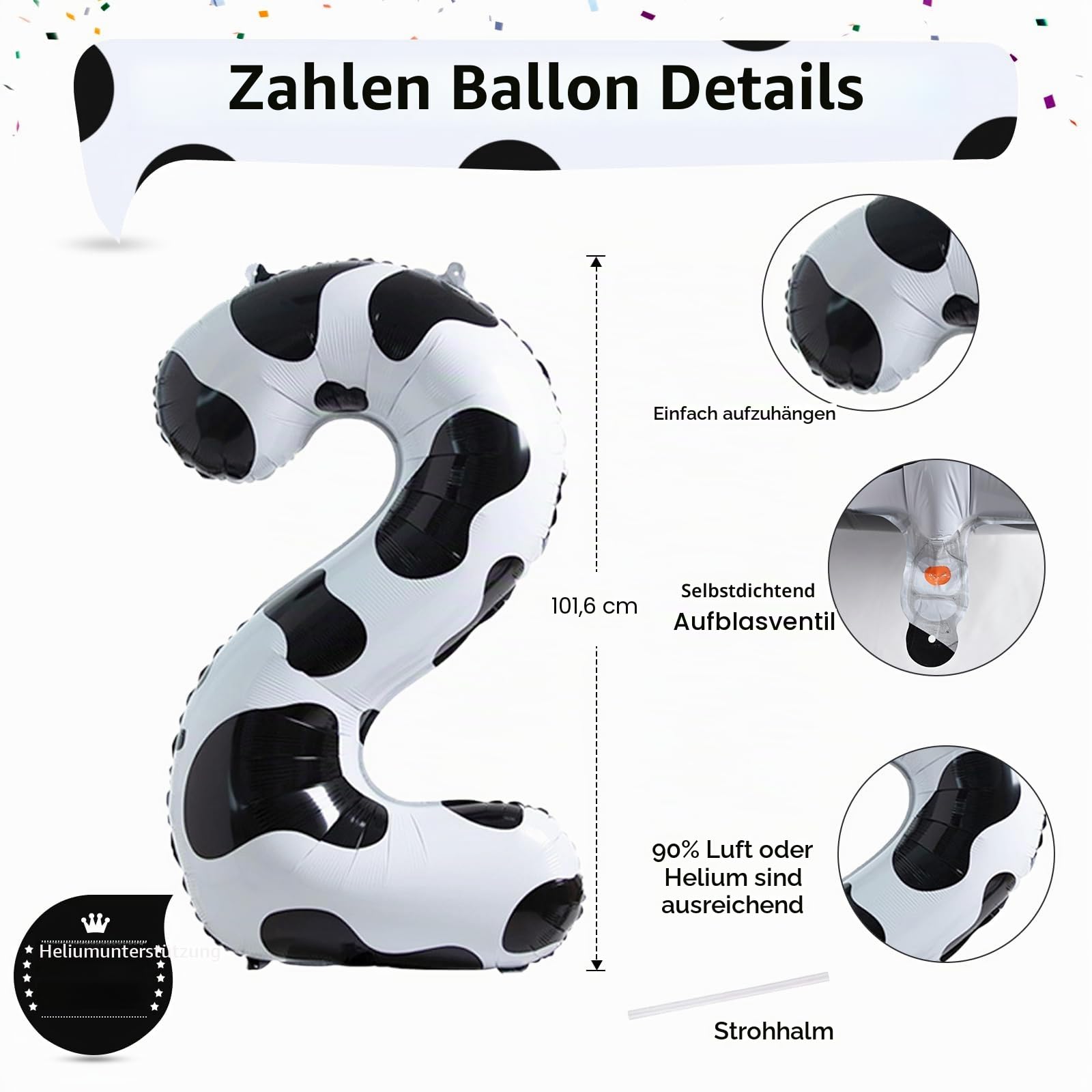 Kuh Deko Luftballon 2, 40 Zoll Helium Zahl 2 Luftballon Kinder Geburtstagsdeko, Folienballons Riesen Zahlen Ballon 2 für Mädchen Jungen Bauernhof Tierthema 2. Geburtstag Cowgirl Cowboy Party Deko