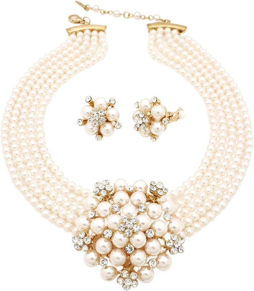 Fashion 21 5 Rows Rhinestone Accented Simulated Floral Pearl Cluster Necklace, Clip on Earring 2 Set