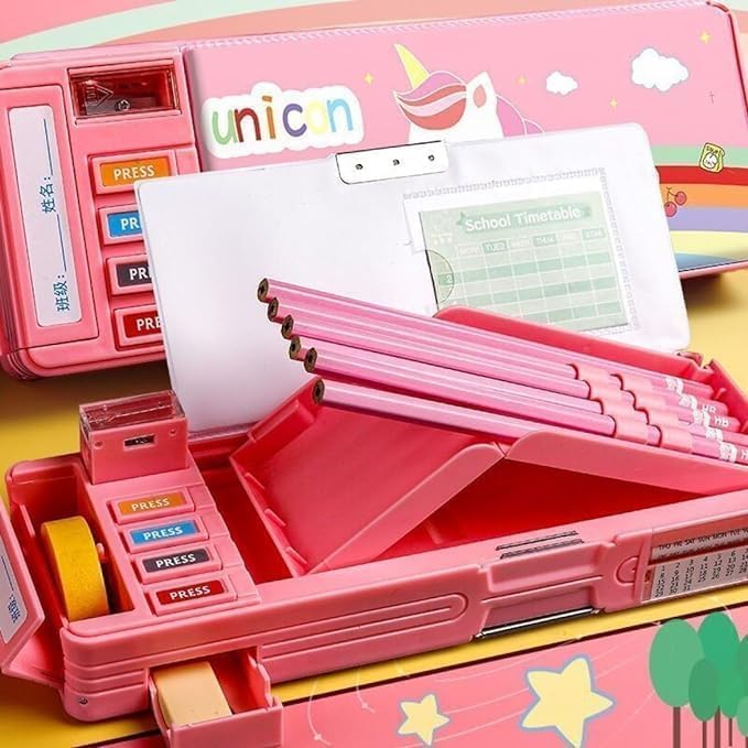 Image of Plastic Multifunctional Cute Unicorn School Pencil Box for Girls - Multi Compartment Button Operated Unicorn Compass Box, Stationary Items- Pencil Case & Geometry Box for Kids, Pink