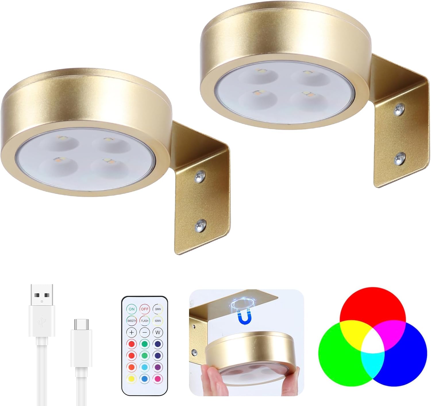 2 Pack Wireless Picture Lights for Wall,Rechargeable Picture Light Battery Operated with Remote,Dimmable Painting Light for Art Display,RGB Battery Wall Lights for Dartboard Photo Frame Gallery.Gold