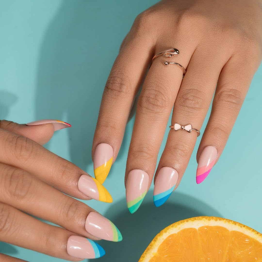 NailKnack® Premium Fake Press-On Nails-Cloud Rainbow Set of 20 Reusable, Full Coverage, Easy To Use, UV Gel Nail Polish Coated, Affordable & Time-Saving-Artificial Stick-On Nail Set-Quick Fix for Every Occasions-Both Hand Nail Extension
