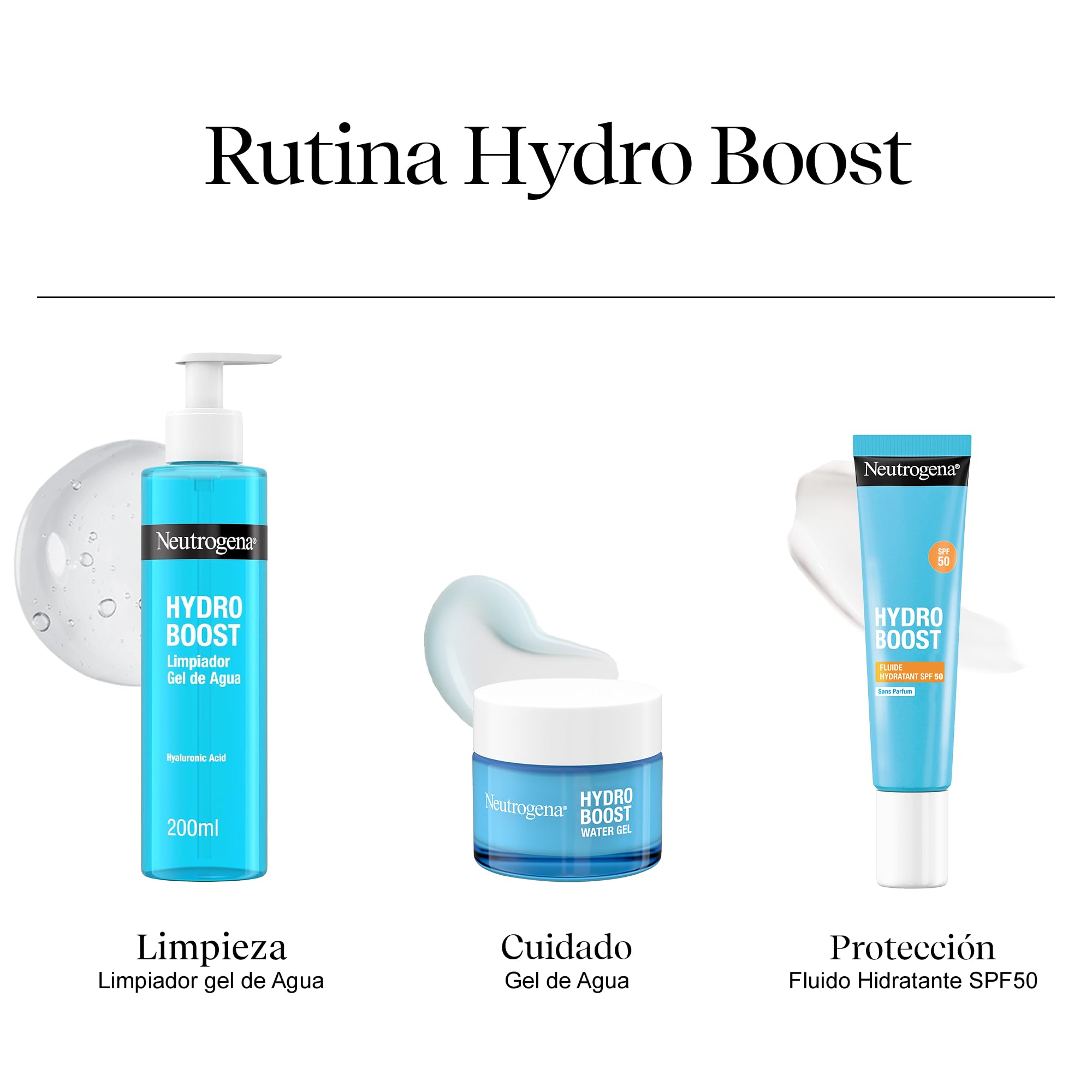 Neutrogena Hydro Boost Pack Cuidado Facial - Gel Limpiador Facial (200ml) + Crema Hidratante Gel de Agua (50ml) + REGALO Protector Solar Fluido SPF50 (15ml) – Rutina Ácido Hialurónico piel hidratada