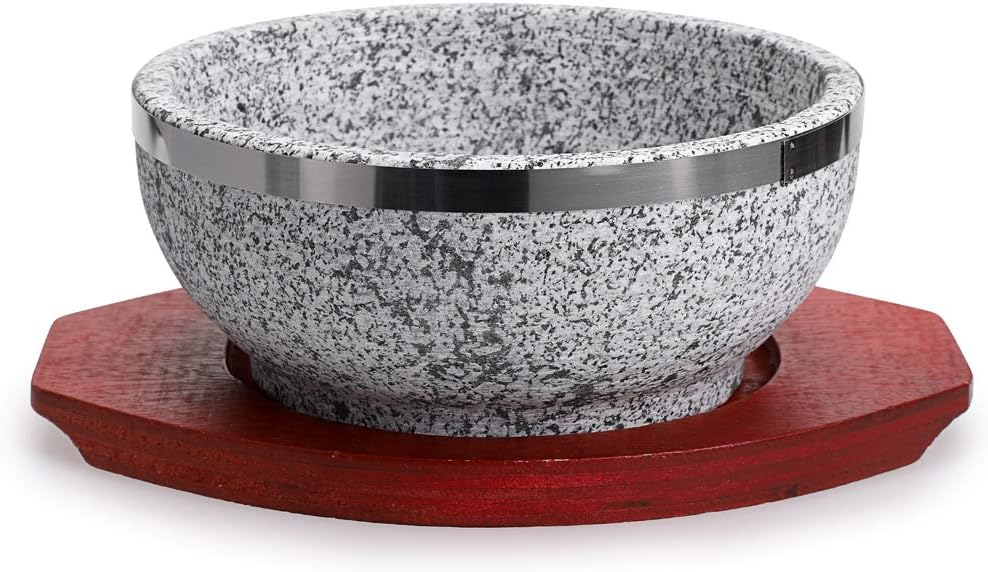 MDLUU Dolsot Bibimbap Bowl 32 Oz, Granite Stone Bowl with Wood Base, Dolsot Pot for Korean Soup, Rice and Stew