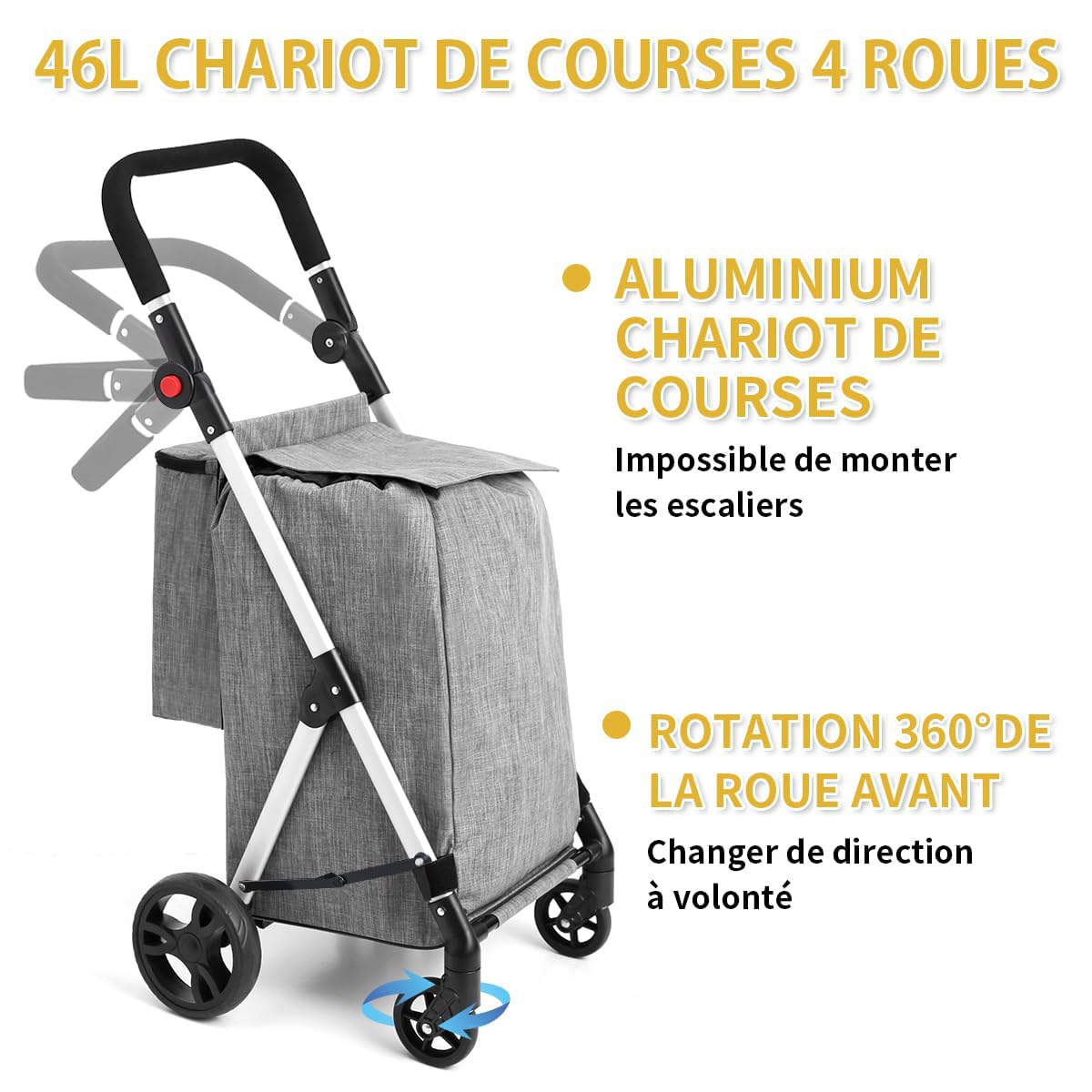 Chariot de Courses, 46L Chariot de Courses 4 Roues, avec Sac Isotherme, Poignées Réglables, Pliable, léger en Aluminium (Gris)