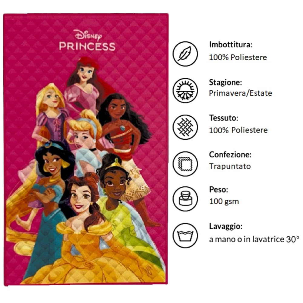 CARTOON Trapuntino Estivo Principesse Disney 150x250 cm Copriletto Singolo Leggero per Bambine 100% Poliestere Idea Regalo Cameretta Principesse