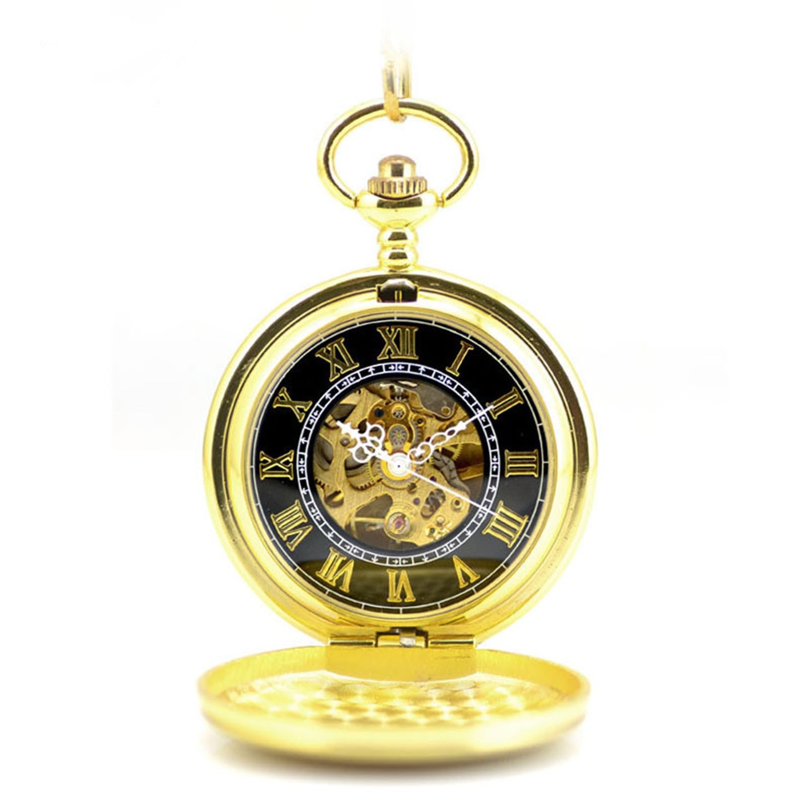 Reloj de bolsillo mecánico dorado con grabados clásicos de esqueleto 5