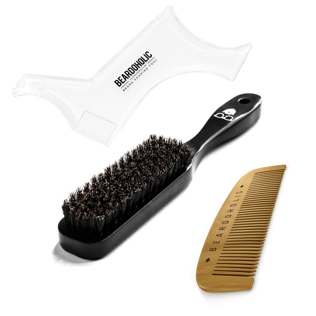 Buy Beardoholic Beard Comb, Brush and Shaping Tool Set 100 Boar Bristles and Pearwood Anti