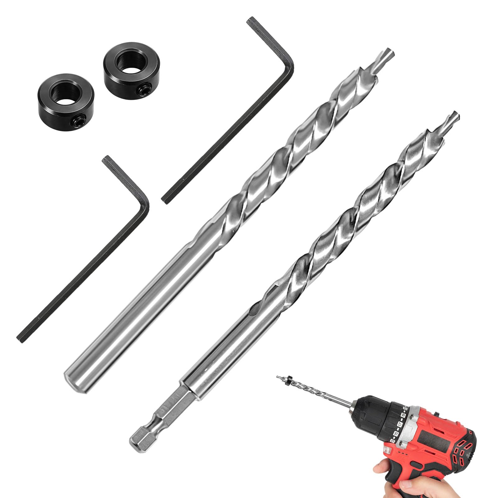 2 Pair 9.5mm Pocket Hole Drill Bits,High Speed Twist Step Drill Bit Hex Shank and Round Shank with Depth Stop Collar Quick Release Drill Guide Tools for Manual Woodworking,Metalworking,DIY Plastic