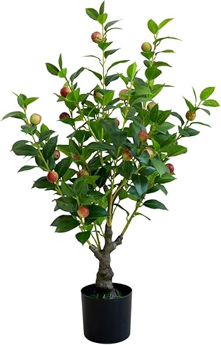 Árbol frutal artificial de camelia artificial de 2.6 pies (31 pulgadas) de poda, arbustos de simulación, flores, oficina, decoración del hogar