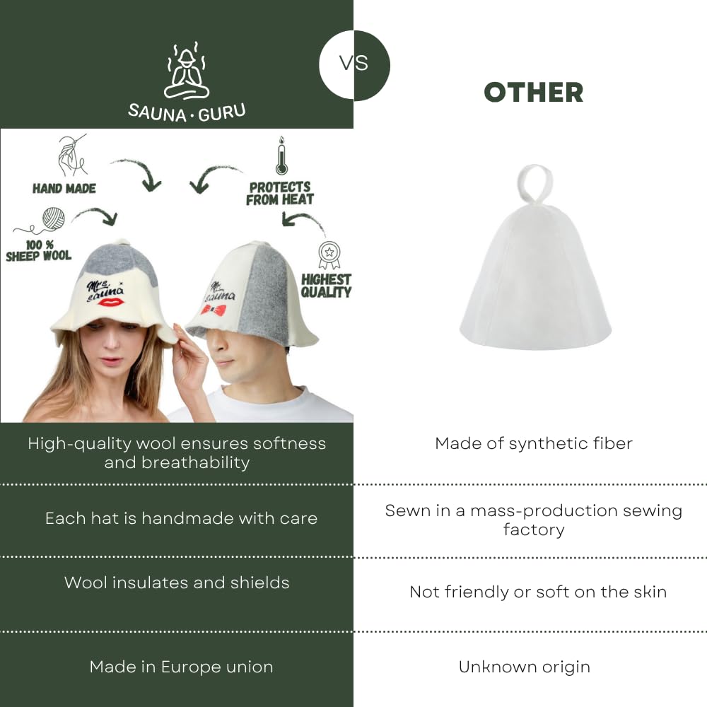 Saunahut 'Mr and Mrs Sauna' White - 100% organische Wollfilzmützen - Schützen Sie Ihren Kopf vor Hitze - Englische Sauna E-Book Handbuch inklusiv - mit Stickerei