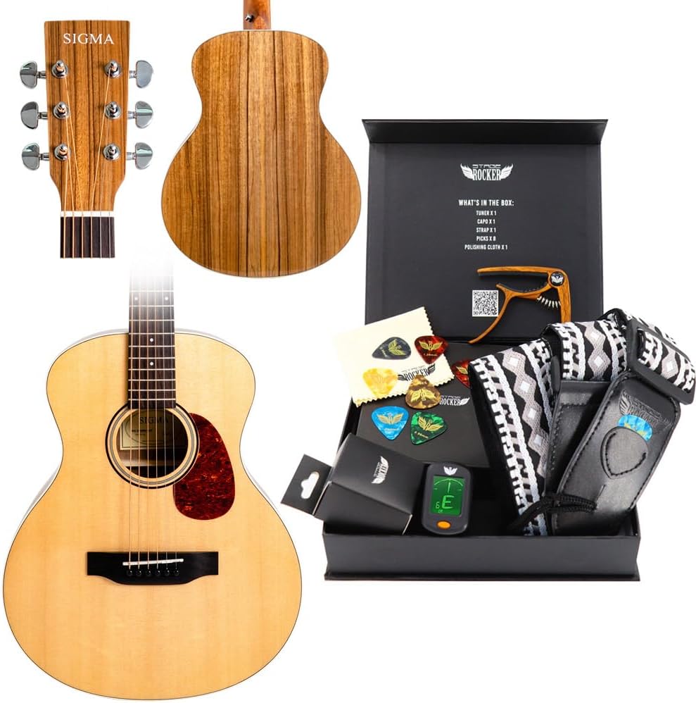 SIGMA Junior 3/4 Size Acoustic Guitar + Stage Rocker Guitar Accessories Gift Box
