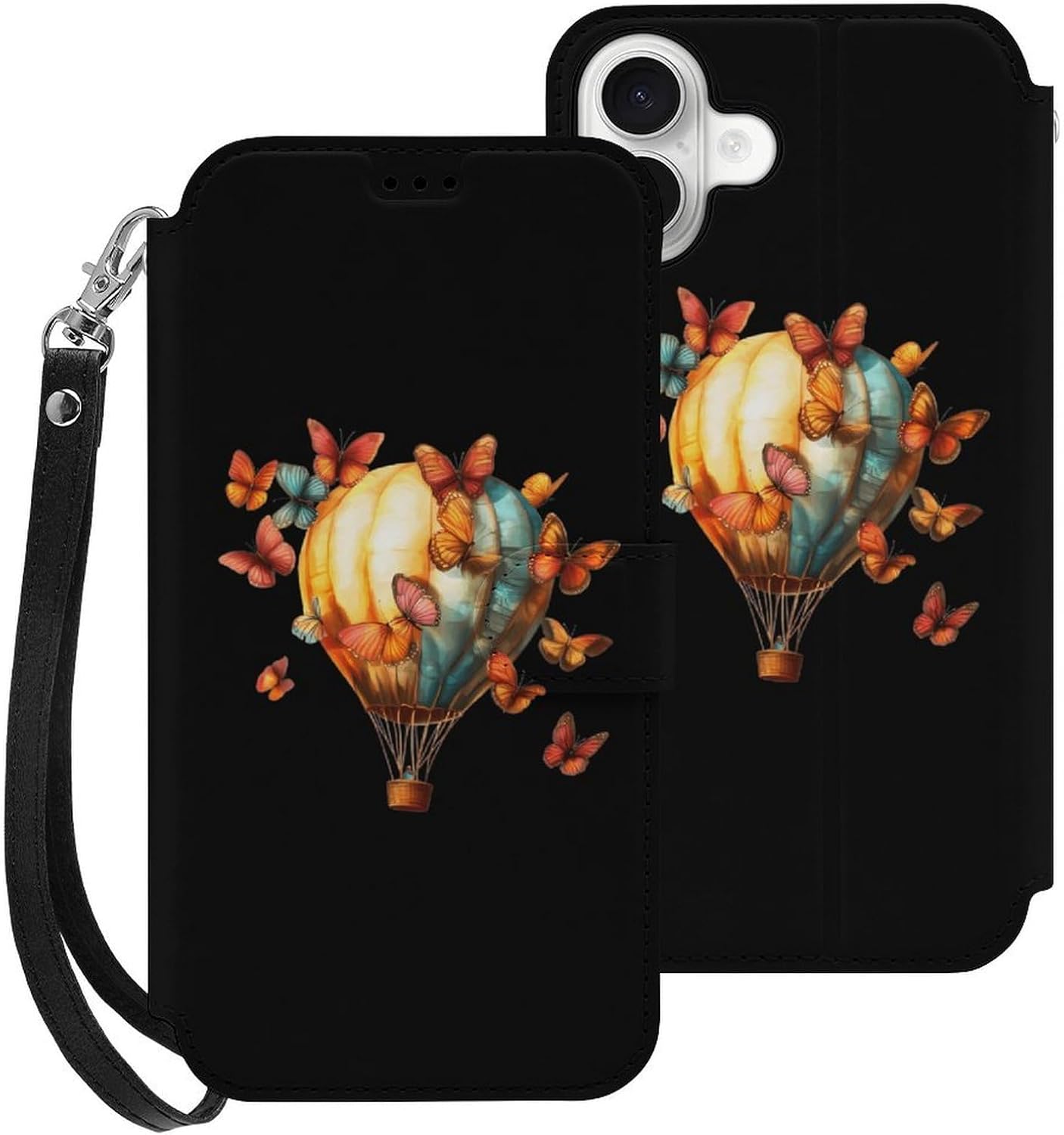 Butterfly Hot Air Balloon Compatible with iPhone 16/16 Plus/16 Pro/16 Pro Max/16 E Case Phone Wallet Card Holder Flip Cover with Wrist Strap