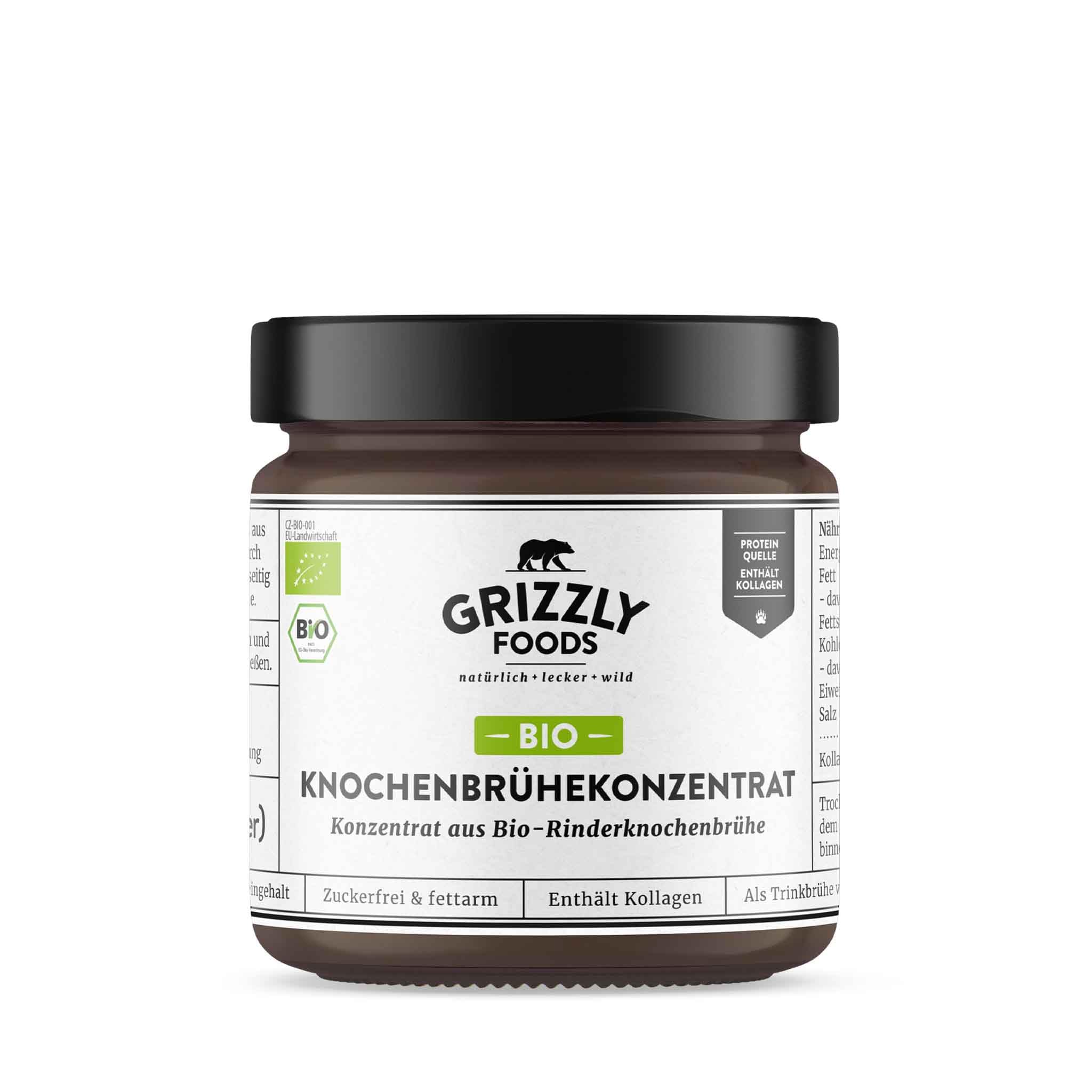 Grizzly Foods Bio Knochenbrühe Konzentrat vom Rind 220g 88g Kollagen proteinreich Trinkbrühe Kochbasis