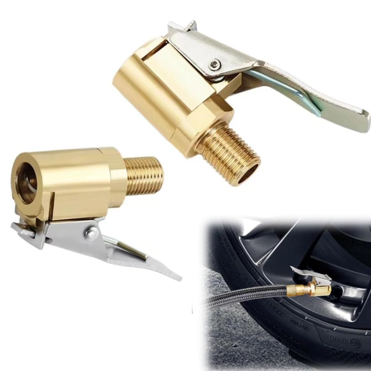 2 PCS Tyre Inflator Adaptor,Brass Tyre Tire Air Chucks,Tyre Air Chuck Adapter,8mm Clamp Connector,Tire Airs Chuck with Clip Adapter,Tyre Inflator Connector for Bike,Motorcycle,Car,Truck (2 PCS,8mm) - 1