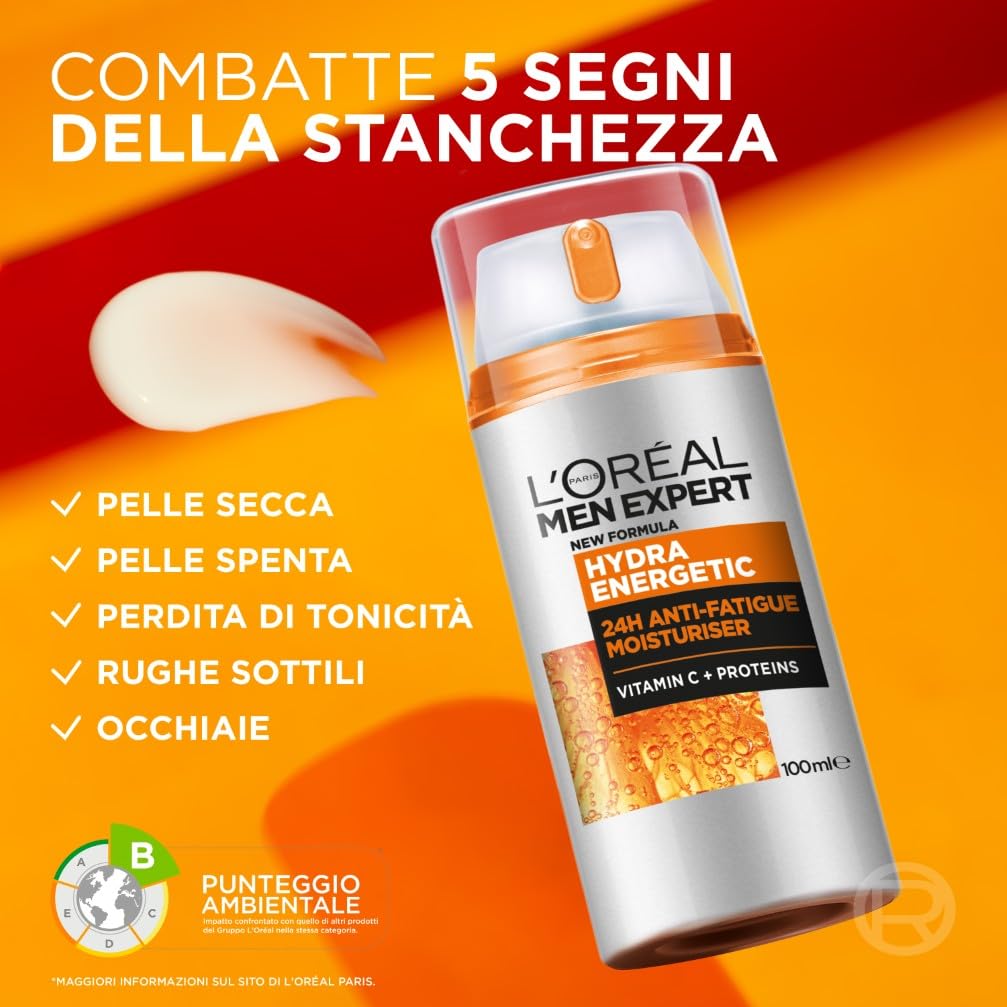 L'Oréal Paris Men Expert Crema Idratante Anti-Fatica Uomo, Pelle Rivitalizzata, Levigata e Idratata, Occhiaie e Rughe Sottili Ridotte, Arricchita con Proteine e Vitamina C, Hydra Energetic, 100 ml