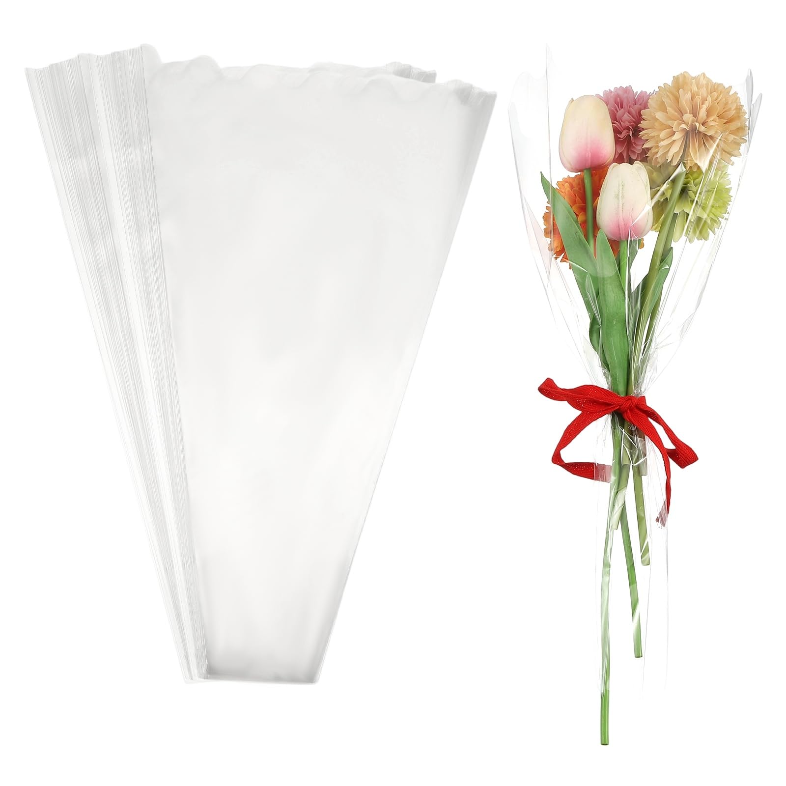 YELARXI Clear Flower Wrapping Bags, Transparent Flower Packaging Bag Waterproof Durable Bouquet Sleeves - Fitting for (Florists/Floral Arrangements Supplies), 9.1x2.6x15.7 Inch & 100Pcs