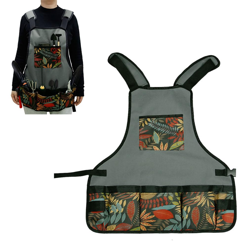 Oaygat Men's Grey-Flower Gardening Tools Apron Garden Apron Gardening Apron With Pockets Oxford Cloth Garden Apron Multifunction Garden Apron Wear-Resistant Work Apron For Gardening, Cooking, Cleaning And Woodworking