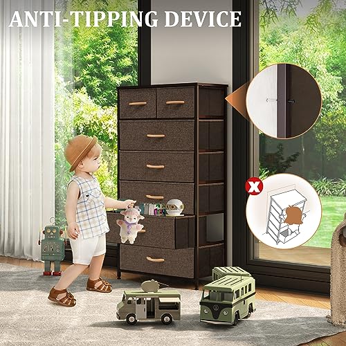 Image of Tall Dressers for Bedroom, 7 Drawers Dresser Fabric Storage Closets Storage Units Organizer Tower Steel Frame Wooden Top for Bedroom, Hallway,Nursery, Entryway(Dark Brown)