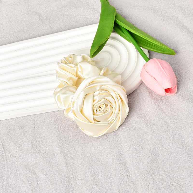 Miniatura 5 de Coleteros de satén para el cabello de rosas para mujeres y niñas, elásticos de seda para cabello largo y grueso, bandas de goma con flores rosas,