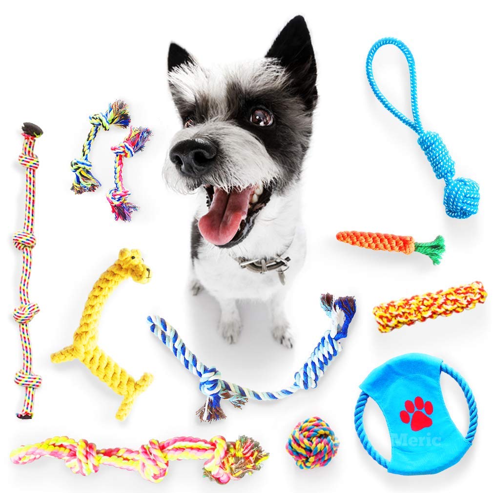 Meric Dog & Ferret Rope Toys (11 pcs), Multiple Sizes and Colors, Variety Pack for All Breeds, Sizes and Ages of Pets, Entertains and Aids in Chewing and Teething, Prevents Damage to Furniture