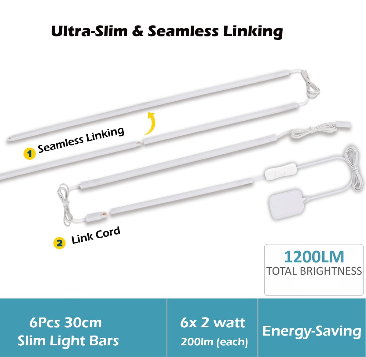 Cefrank Iluminación LED Bajo Gabinete 6 Unidades 30cm Barras de Luz Interconectables para Gabinete, Cocina, Estante, Banca de Trabajo, Armario, 1200 Lúmenes, Blanco Cálido 3000K