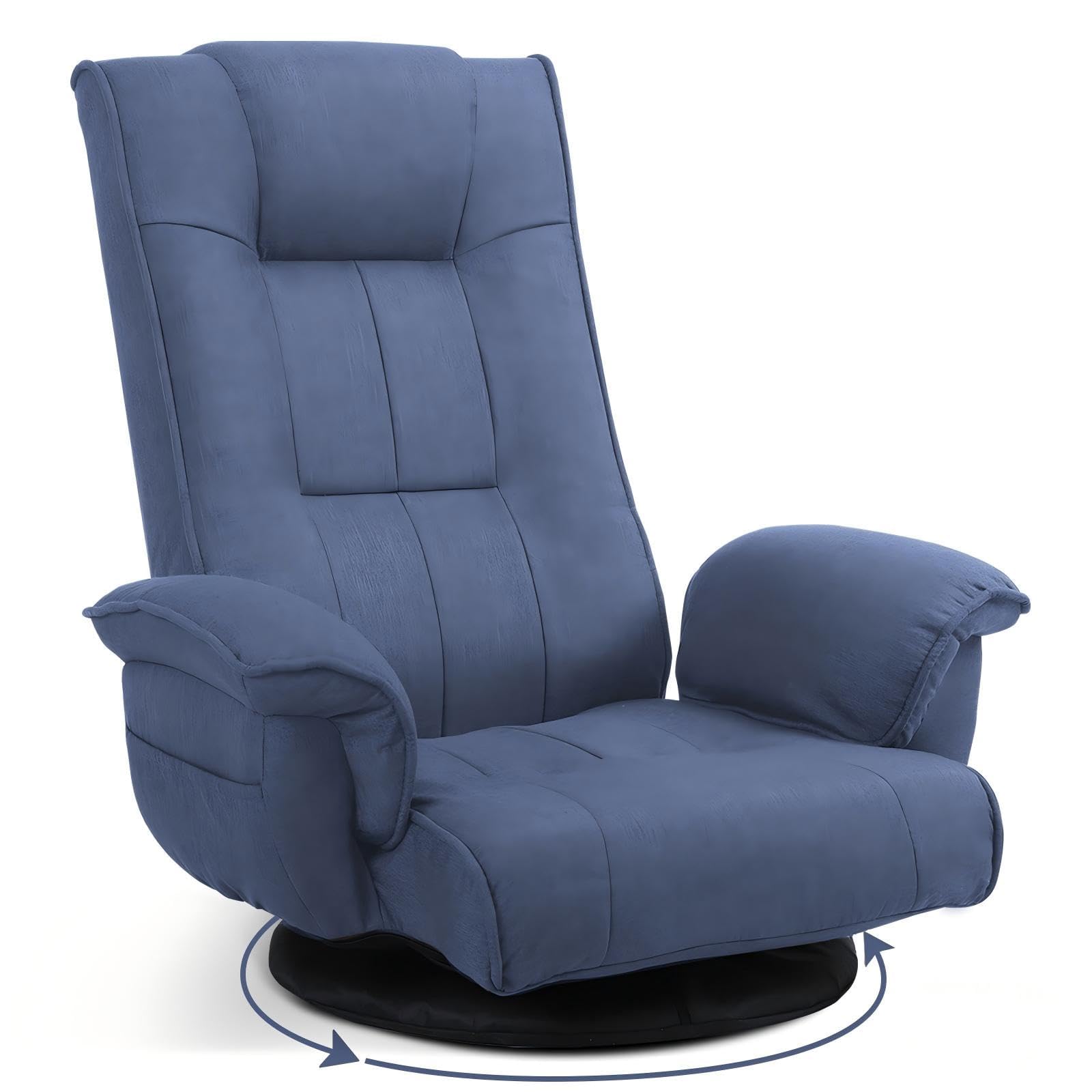 Ergonomic Swivel Floor Gaming Chair with Armrests &amp; Side Pockets, 6-Position Reclining Sofa Bed, Foldable Padded Lounger with Thick Cushion &amp; Lumbar Support for Esports, Reading, TV Watching, Blue