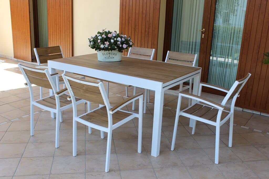 Tavolo Rettangolare Allungabile in Alluminio Bianco E Polywood Marrone 200/300 X 100 da Esterno Giardino, per Ristorante