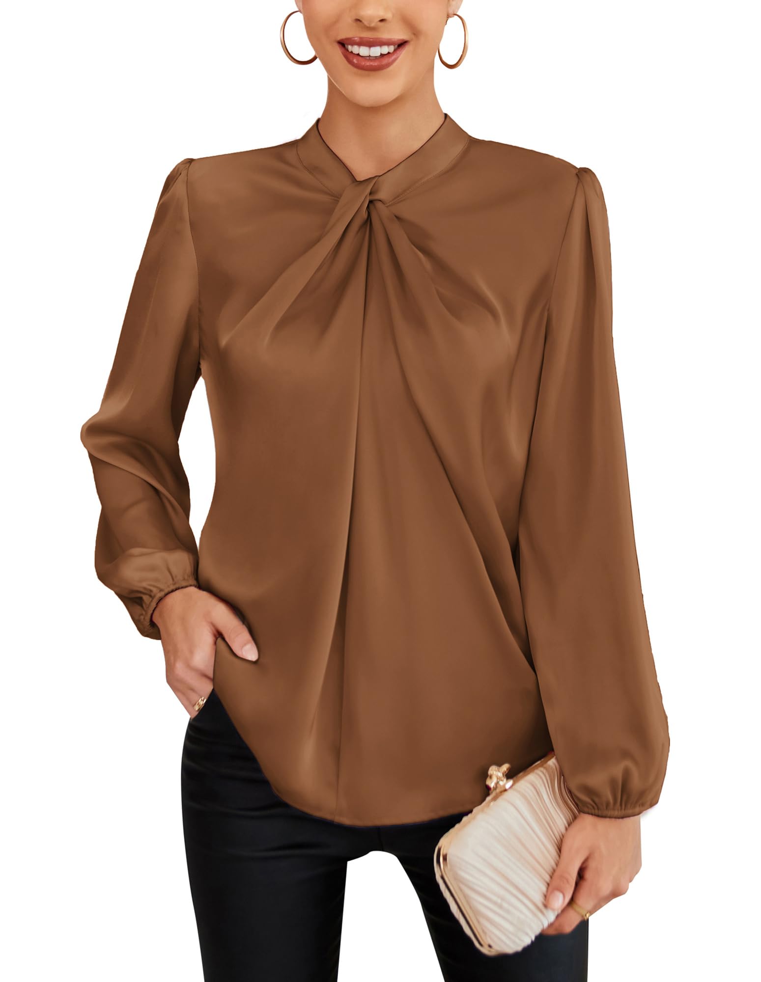 GRACE KARIN Haut décontracté à manches longues pour femme avec nœud papillon, marron foncé, L