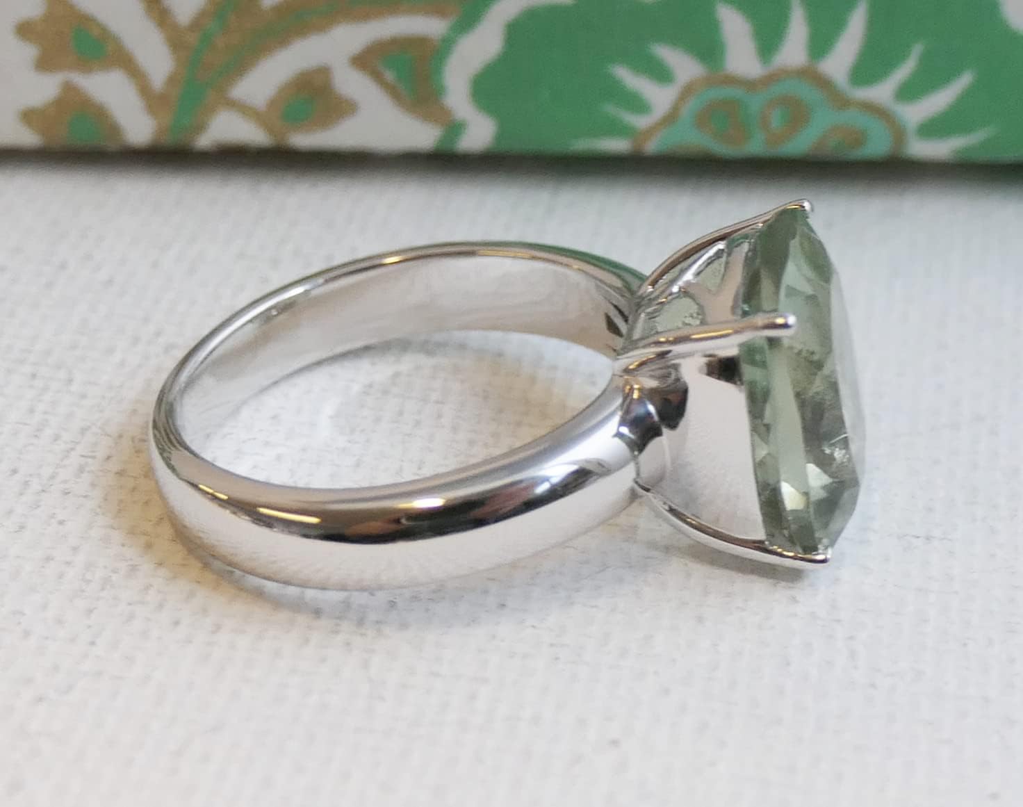 Green Amethyst Cushion Cut Ring 10x12mm - Solid 925 Sterling Silver - Natural Prasiolite Gemstone, Scandinavian Handmade Fine Jewelry for Women