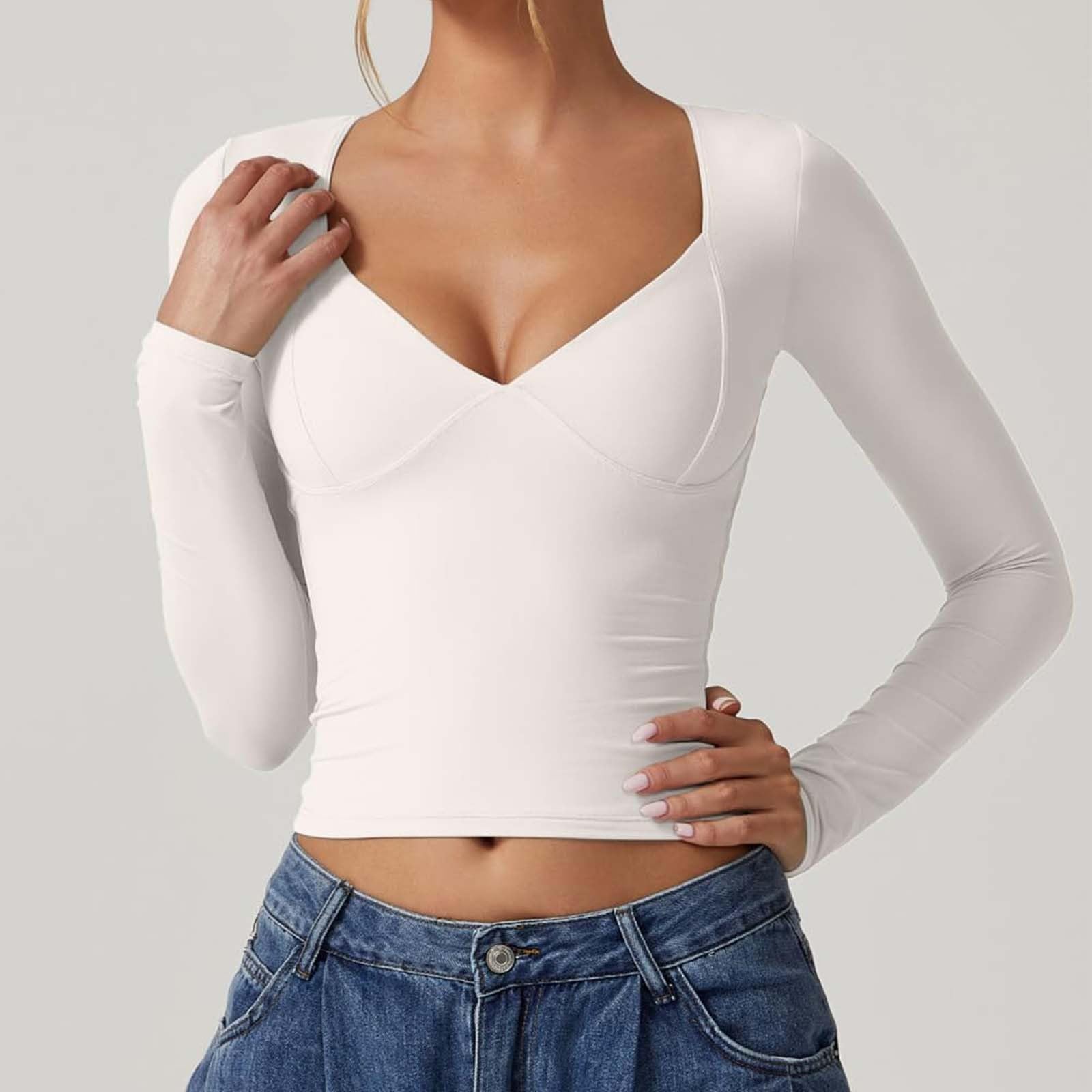 Maglia da donna a maniche lunghe con scollo a V, sexy, slim fit, Y2K, Skim Dupe Basic Crop, top a tunica, da donna, elasticizzata, per sport stretto, top da donna