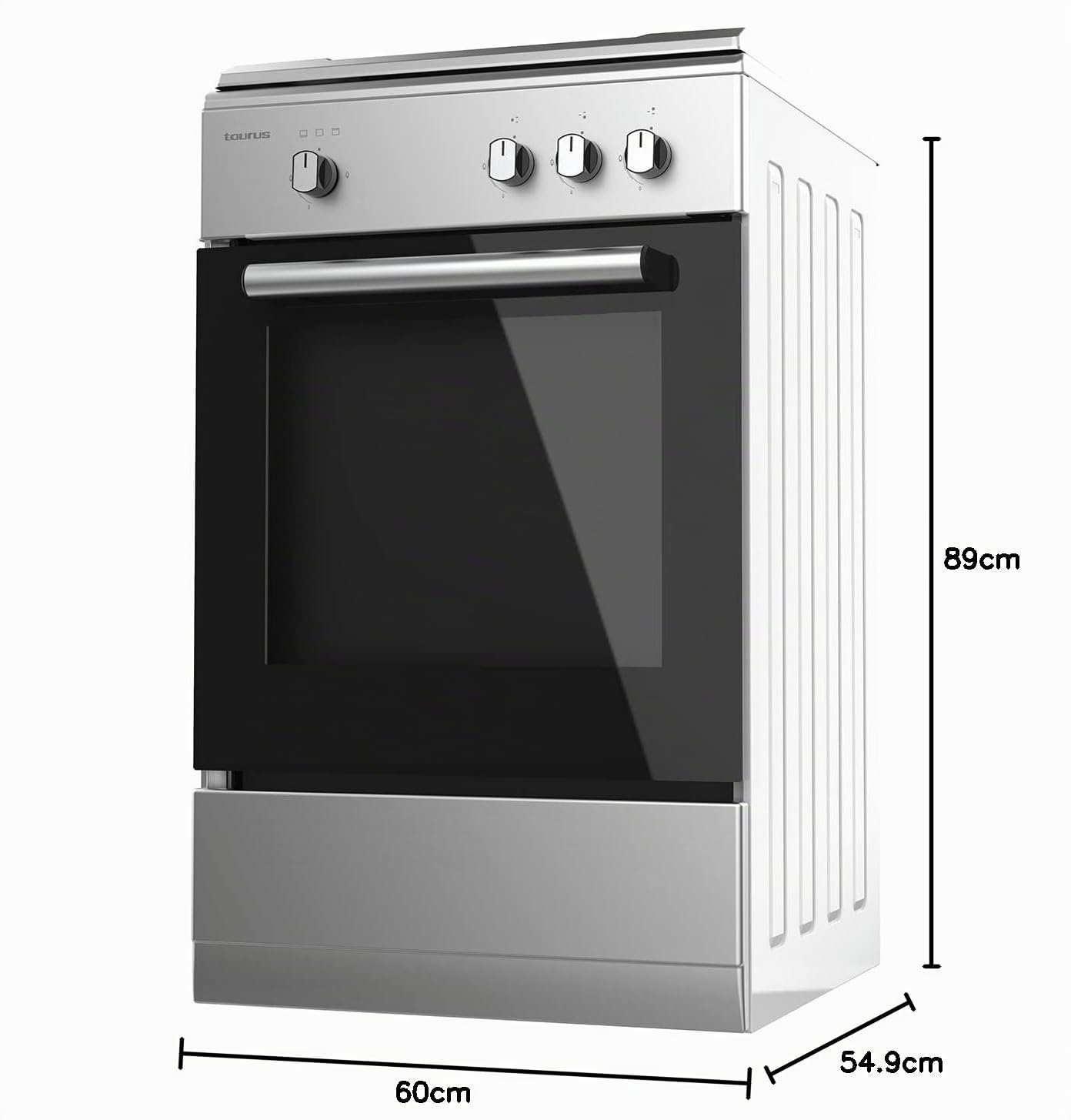 Taurus CIG3FIXMG - Cocina de gas butano independiente, 9850W potencia equivalente total, 3 quemadores, preparada para gas, válvulas de seguridad, 43L capacidad horno, tapa metálica, acero inoxidable
