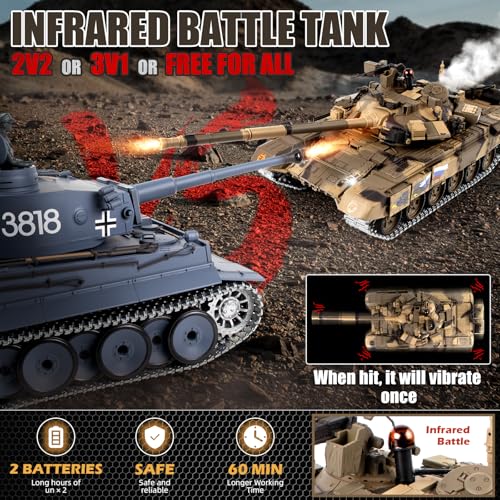 Image of Supdex 1 /16 RC Tank, Heng Long Metal Tiger I Army Toy with Smoke, Sound and Lights, Remote Control Tank that Shoots with Upgraded Metal Tracks, Idler and Sprocket Wheel, Steel Gearbox, Batteries*2