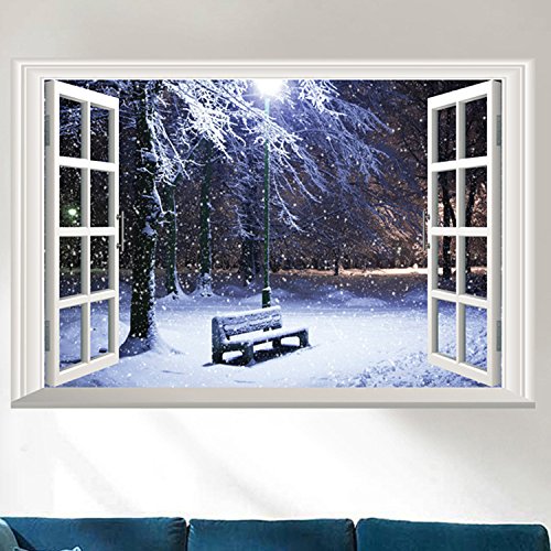 Dnven Snow Winter Bench False Faux Window Frame Window Mural 3D Full Color High Definition Vinyl Bedroom Living Room Playroom Wall Decals Stickers 24 Inches X 16 Inches #TOP3
