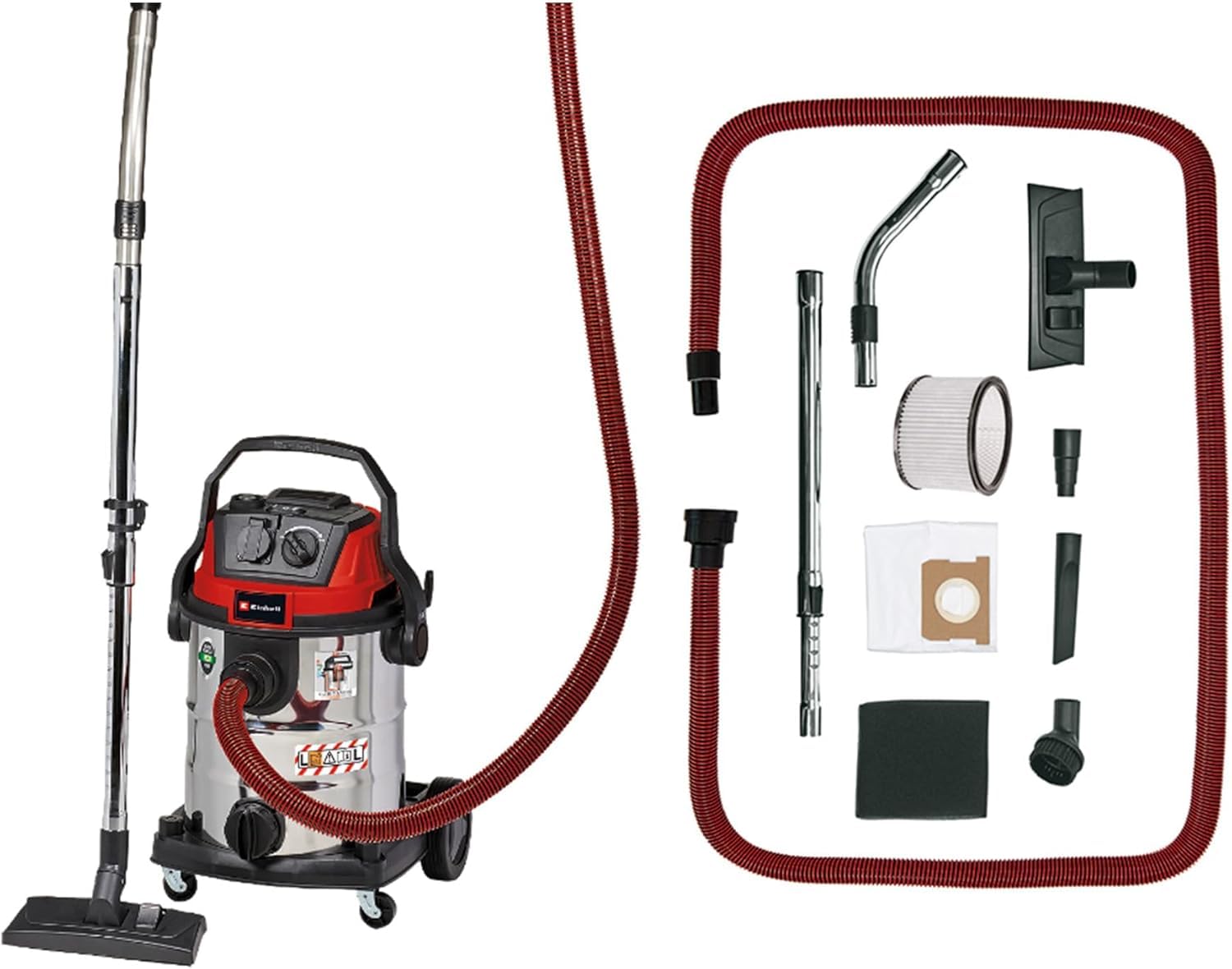 Einhell Nass-Trockensauger TE-VC 2025 SACL (Staubschutzkl. L, für Staubpartikel mit AGW-Werten >1 mg/m³, 25l-Edelstahltank, Filterreinigung, Gerätesteckdose, inkl. Düsen u. Filter)
