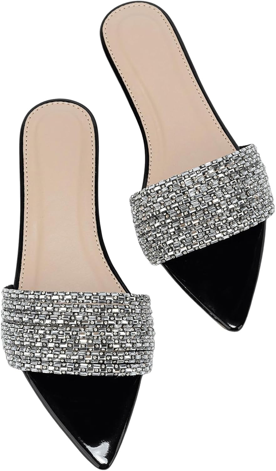 OYOANGLE Women's Rhinestone Pointed Open Toe Sandals Leather Sparkly Single Band Elegant Slide Sandals